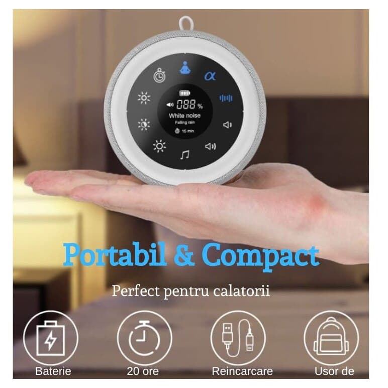 Dispozitiv Sunete Albe Elindor® Aparat de Sunete White Noise pentru Bebelusi, Portabil, Reincarcabil, Acumulator 1800mAh, 32 Sunete HD, Potrivit si pentru Copii si Adulti, Timer, Boxa cu Lampa de Veghe cu Lumina 7 Culori, 3x Intensitate, Alb — imaginea 5