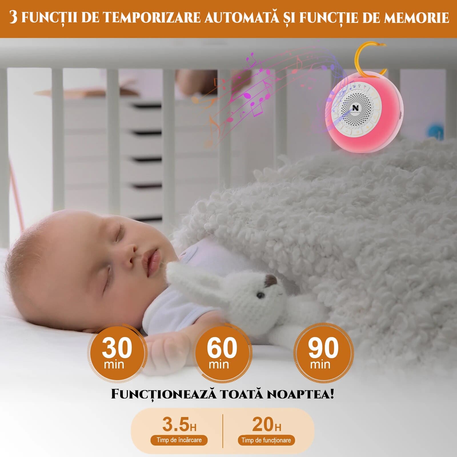 Dispozitiv Sunete Albe, 26 Sunete, 7 Culori Ajustabile, Lampa de Veghe 3 Moduri, Portabil, Pentru Bebelusi, Copii si Adulti, Reincarcabil, Timer, Autonomie 20 ore, White Noise — imaginea 3