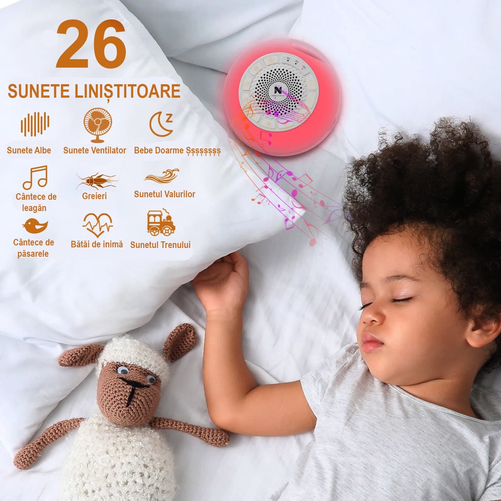Dispozitiv Sunete Albe, 26 Sunete, 7 Culori Ajustabile, Lampa de Veghe 3 Moduri, Portabil, Pentru Bebelusi, Copii si Adulti, Reincarcabil, Timer, Autonomie 20 ore, White Noise — imaginea 4
