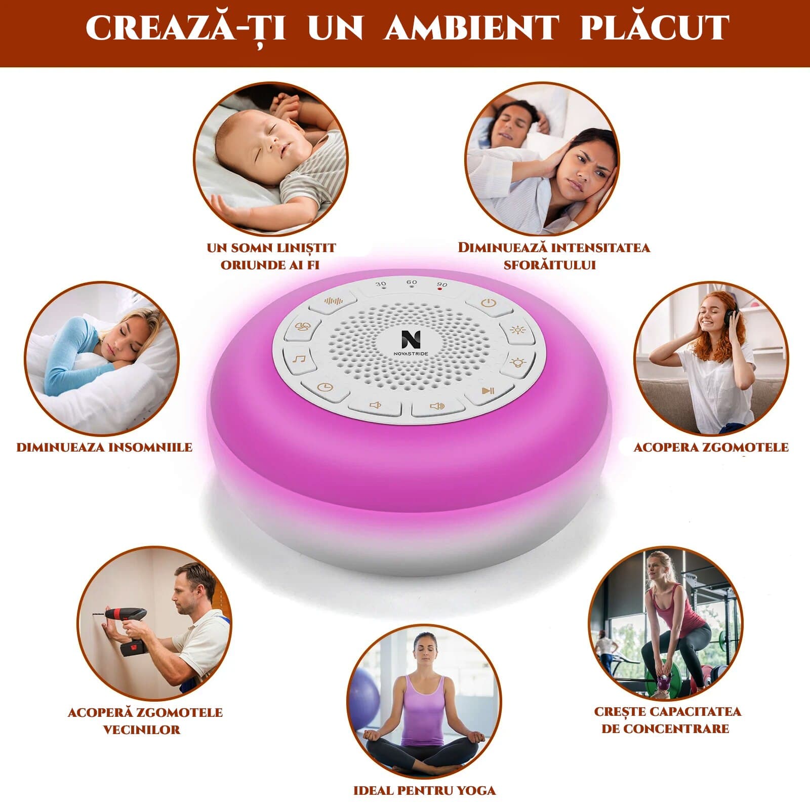 Dispozitiv Sunete Albe, 26 Sunete, 7 Culori Ajustabile, Lampa de Veghe 3 Moduri, Portabil, Pentru Bebelusi, Copii si Adulti, Reincarcabil, Timer, Autonomie 20 ore, White Noise — imaginea 5