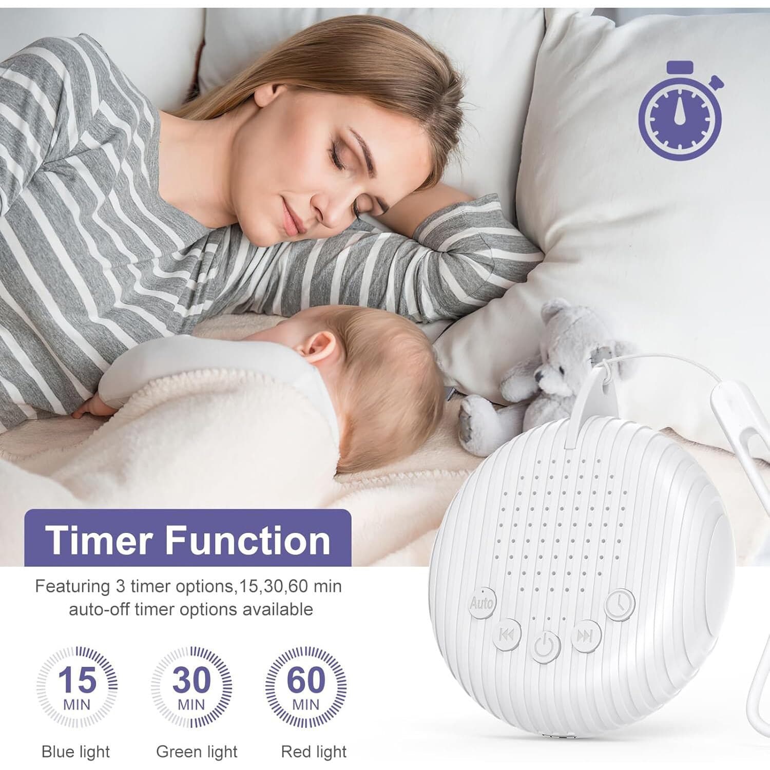 Dispozitiv generare Sunete Albe, 10 melodii perfecte pentru copii si adulti, portabil, timer, Autonomie 24h, Reincarcabil, White Noise, Alb — imaginea 3