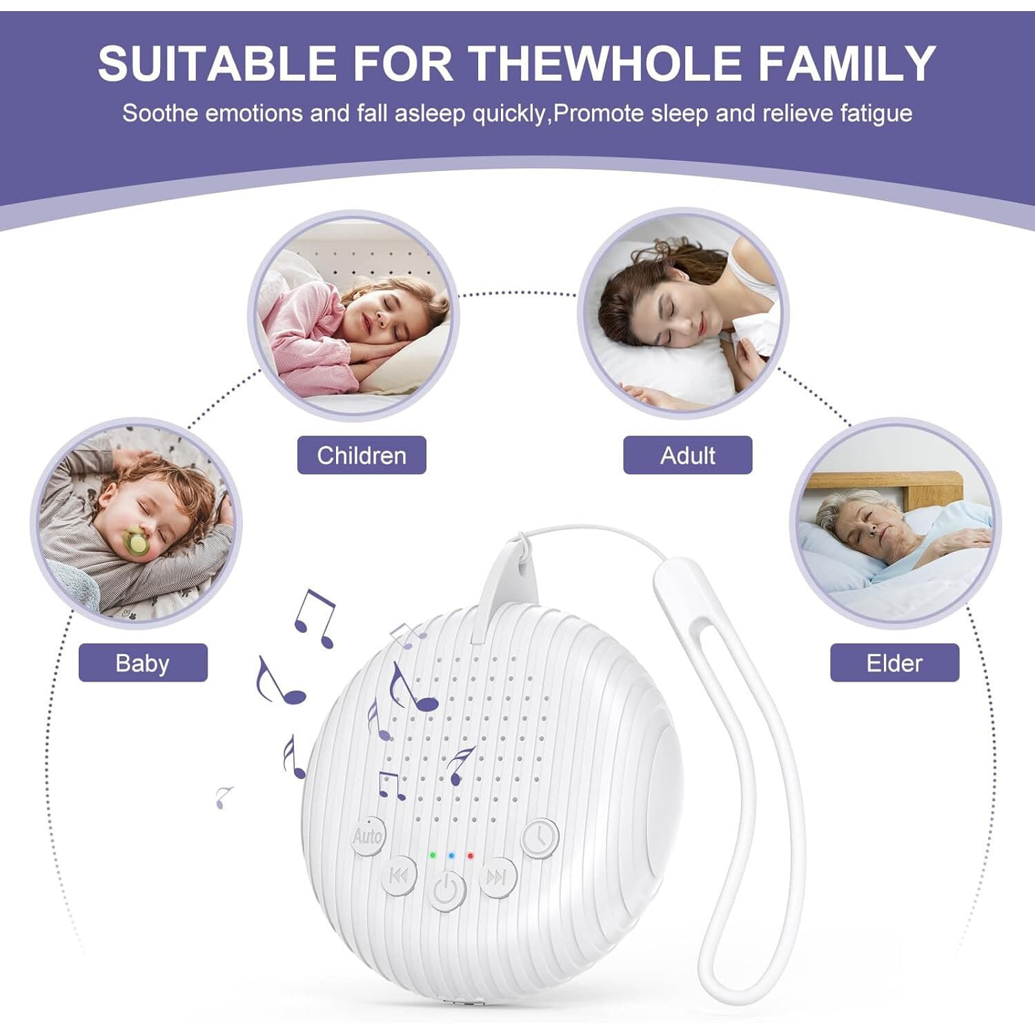 Dispozitiv generare Sunete Albe, 10 melodii perfecte pentru copii si adulti, portabil, timer, Autonomie 24h, Reincarcabil, White Noise, Alb — imaginea 4
