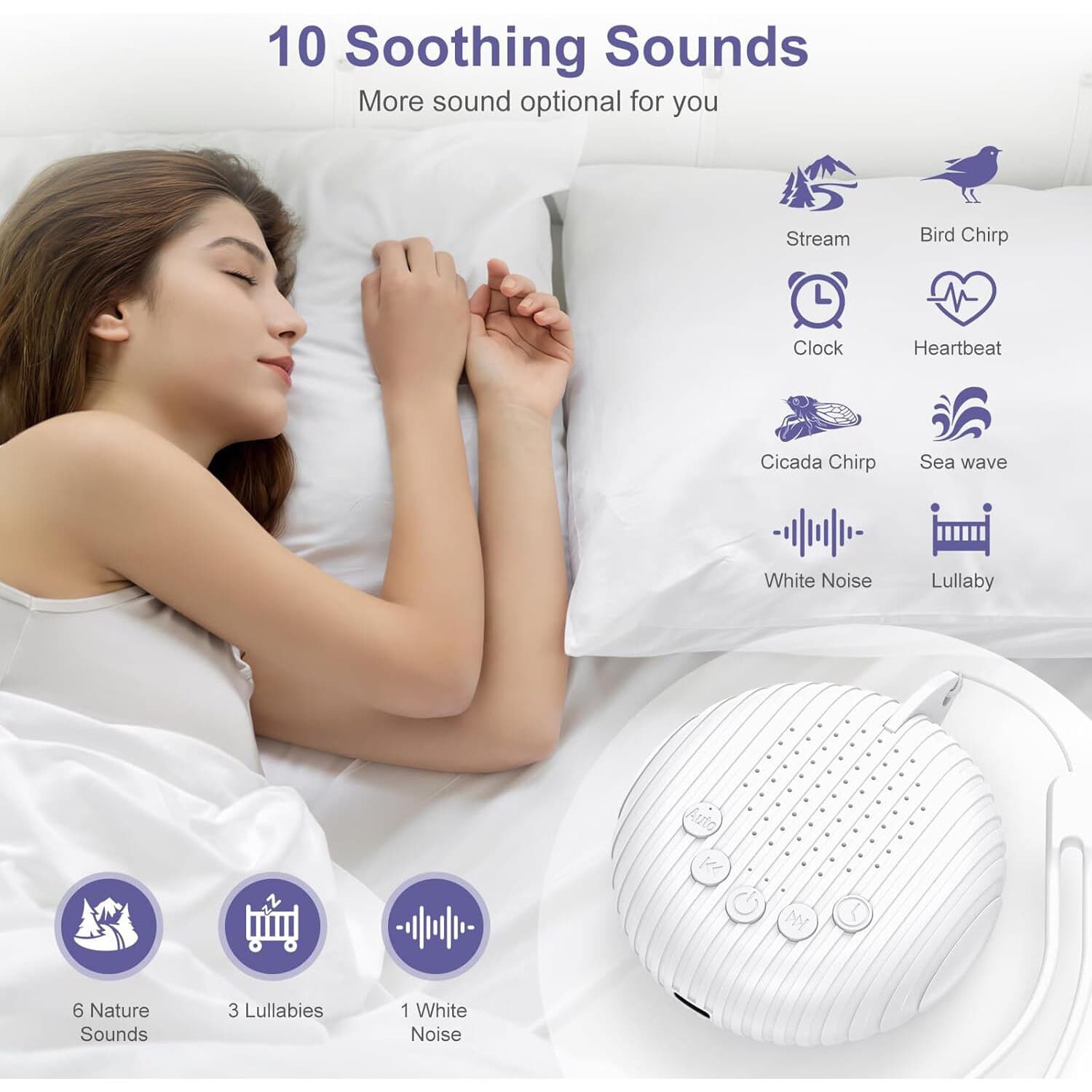 Dispozitiv generare Sunete Albe, 10 melodii perfecte pentru copii si adulti, portabil, timer, Autonomie 24h, Reincarcabil, White Noise, Alb — imaginea 5