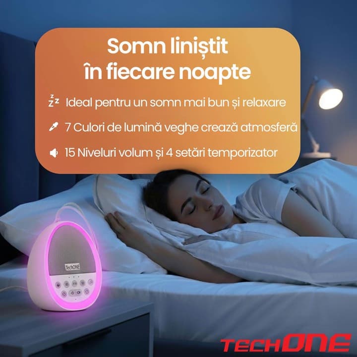 Dispozitiv Sunete Albe Techone® W06, 36 Sunete HD, Pentru Copii si Adulti, Portabil, Acumulator 2000 mAh, Timer, Lumina de Veghe, White Noise, Alb — imaginea 2