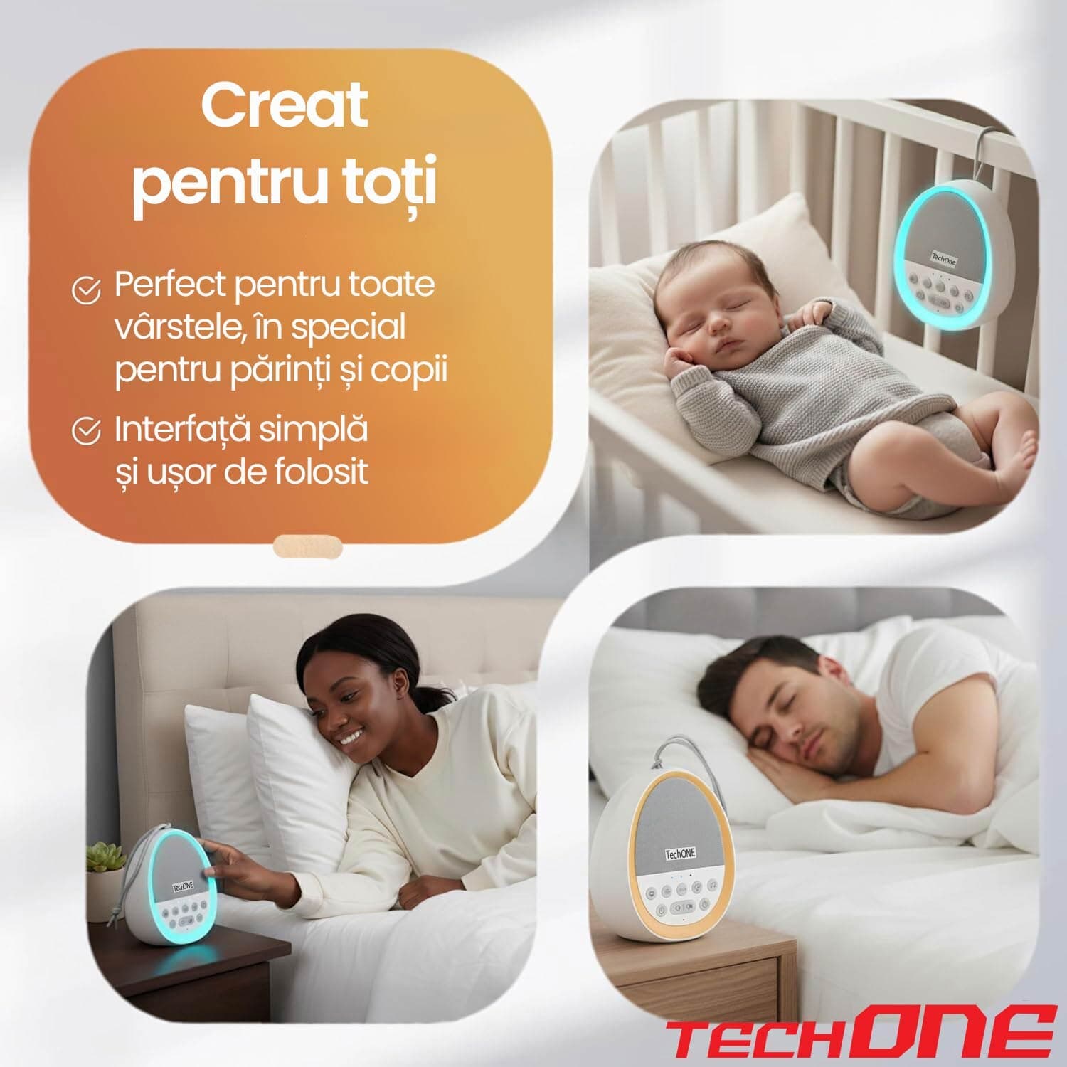 Dispozitiv Sunete Albe Techone® W06, 36 Sunete HD, Pentru Copii si Adulti, Portabil, Acumulator 2000 mAh, Timer, Lumina de Veghe, White Noise, Alb — imaginea 3