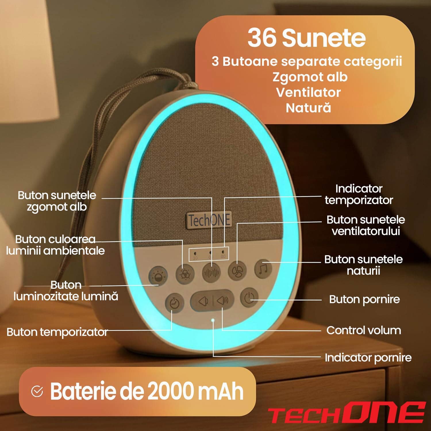 Dispozitiv Sunete Albe Techone® W06, 36 Sunete HD, Pentru Copii si Adulti, Portabil, Acumulator 2000 mAh, Timer, Lumina de Veghe, White Noise, Alb — imaginea 4