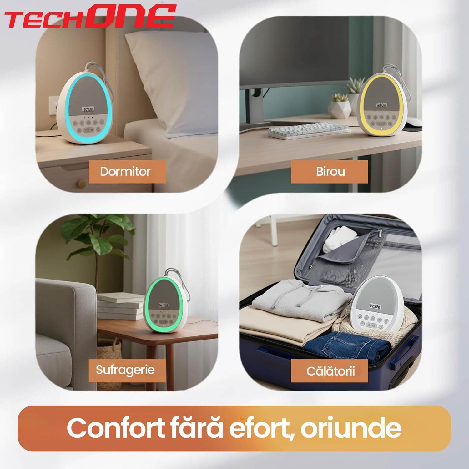 Dispozitiv Sunete Albe Techone® W06, 36 Sunete HD, Pentru Copii si Adulti, Portabil, Acumulator 2000 mAh, Timer, Lumina de Veghe, White Noise, Alb — imaginea 5