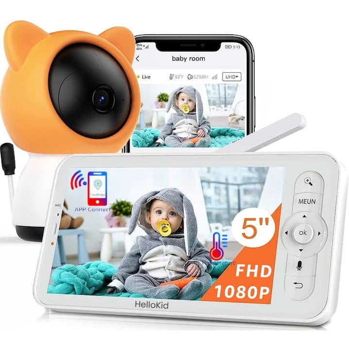 Baby Monitor WiFi 2in1 Multi View HelloKid™ DUO 2K 5” Night Vision, Aplicatie Telefon, 355°/90°, Zoom 4X, Two-Way Audio, 3000mAh, Interfon, Apel, Notificari Miscare, Sunet, Temperatura, Umiditate, Cantece, Mod ECO, Orange/White
