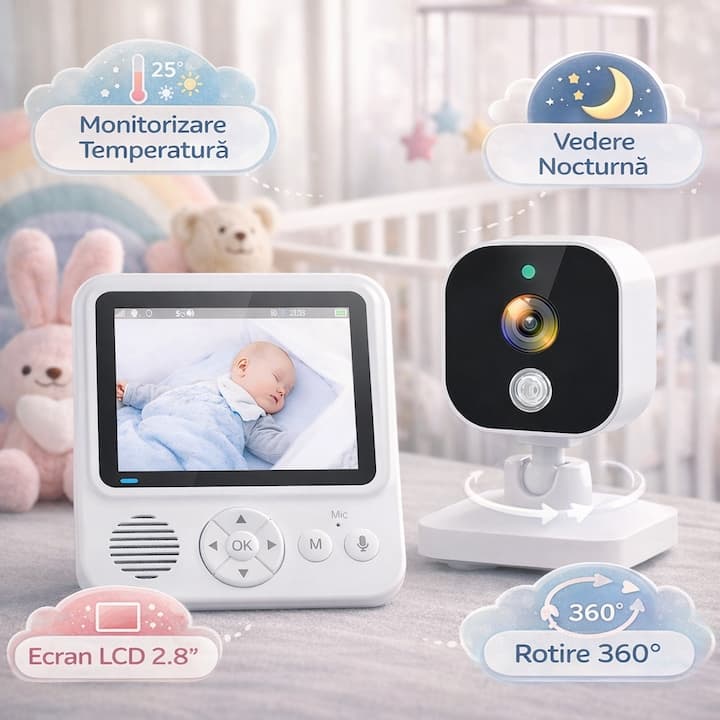 Baby Monitor Digital Wireless Audio-Video Smart BabyCam idealSTORE, Ecran HD 2, 8 inch LCD, 8 Cantece de Adormit, Monitorizare Temperatura, Functie Nocturna, Mod VOX, Bidirectional, ECO Mode, Rotire 360°, Memento de Alaptare, 5 Ceasuri pentru Alarma, Raza