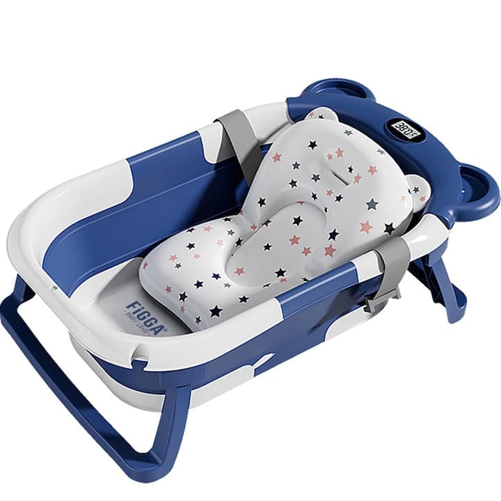Cadita bebe cu suport FiGGA®, 63 x 42 x 20 cm, portabila, extra pliabila, termometru, picioare antiderapante, suport cap de dus, Albastru