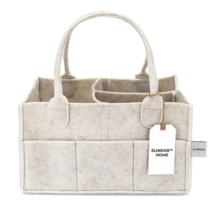 Cutie Depozitare pentru Scutece Elindor® Compartimentare Ajustabila, Organizator pentru Camera Copilului, Organizatoare pentru Dulap, Cutie Organizare, Cos Multifunctional, Separator Haine, Paturi, Jucarii, pentru Dormitor, Masina, 23 x 33 x 18 cm, Bej