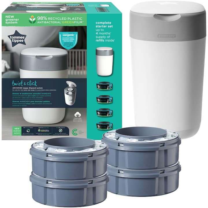 Pachet Cos pentru scutece + 4 Rezerve Tommee Tippee Sangenic Twist and Click Reciclabil, Alb/Gri