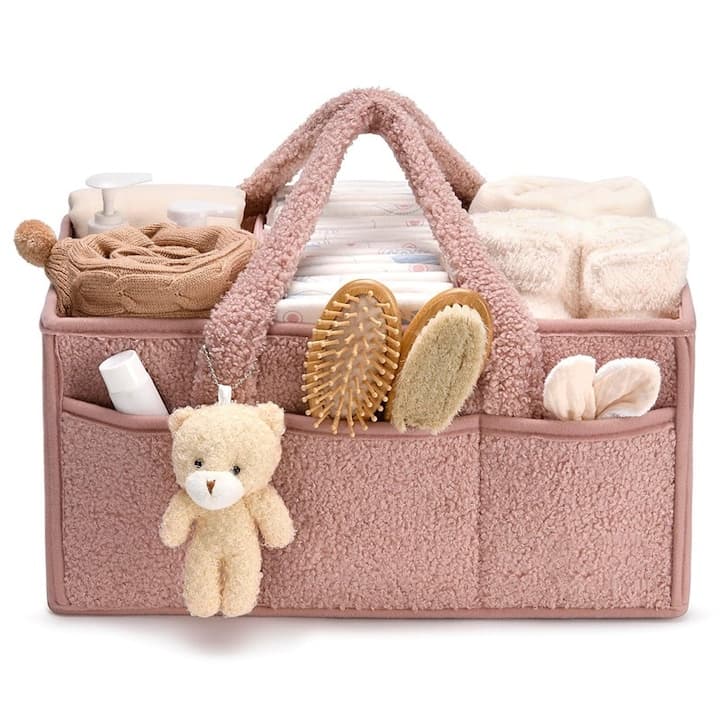 Organizator pentru scutece Yagizaai, cu 2 compartimente, exterior din plus, 38x25x18cm, Roz