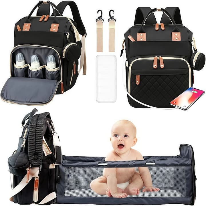 Rucsac tip patut extensibil, RorAem, Rucsac Multifunctional pentru Mamici cu 17 Compartimente, Geanta Bebe tip Rucsac Scutece cu Patut Extensibil, Port Incarcare Telefon, Buzunar Termic, 56 L, Prindere Carucior si Troler, material tesatura Oxford, Negru