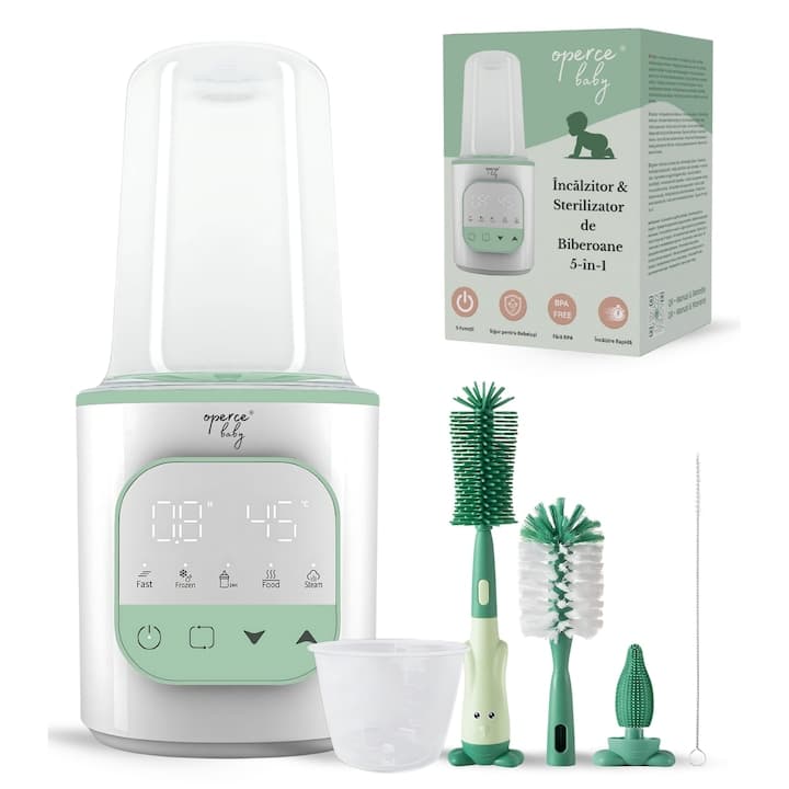 Incalzitor si Sterilizator Biberoane OPERCEBABYⓇ, 5 in 1, Incalzire Rapida, Decongelare, 24h Mentinere Cald, Incalzire Hrana, Sterilizare cu Aburi, Fara BPA, Ecran Tactil LED, Fara BPA, 200W, Perii + Pahar Masurare, Alb/Verde Salvie