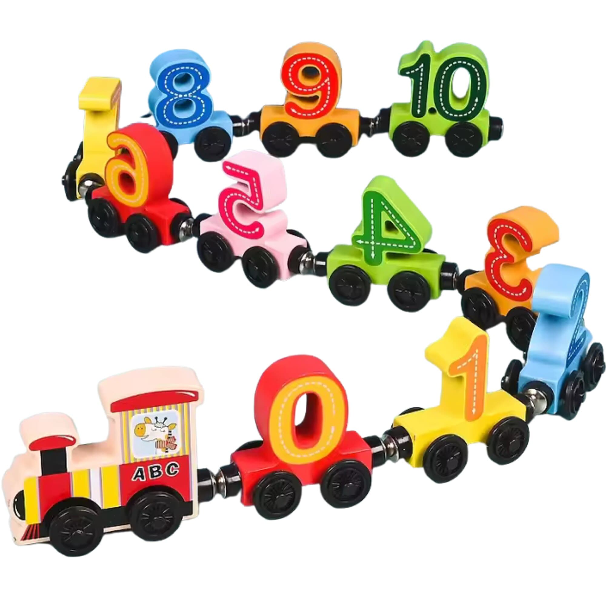 Jucarie educativa Montessori trenulet interactiv cu piese din lemn si prindere magnetica, cifre multicolore