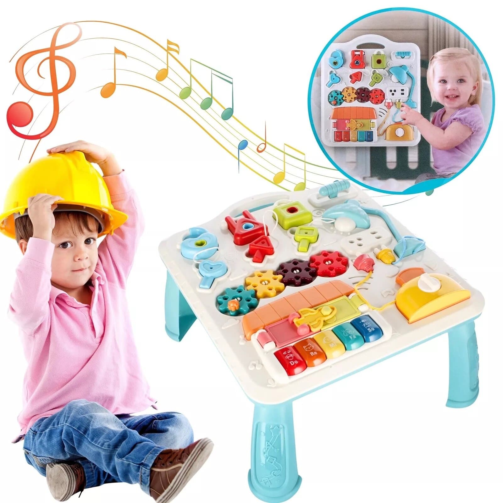 Masuta si panou cu activitati Montessori 2in1 BrainyBaby Indiggo, muzicala, cu pian, numere, culori si forme