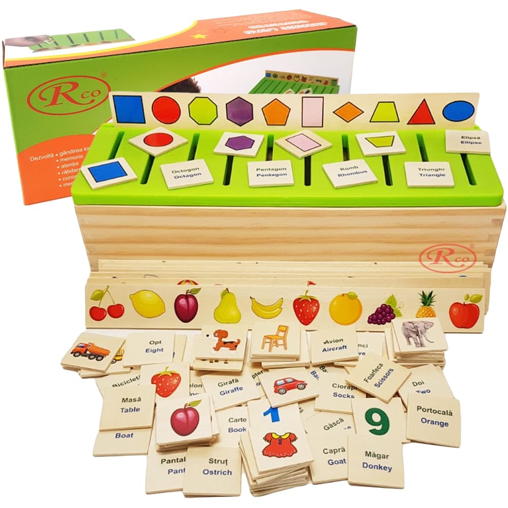 Joc Montessori RCO in limba romana/engleza, de clasificare, sortare si asociere, 88 piese din lemn