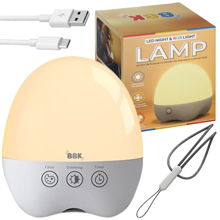Lampa de Veghe Smart BBK®, pentru copii, cu Senzor de Miscare, 8 Culorii, Acumulator, 5 moduri de intensitare, Temporizare Oprire Automata