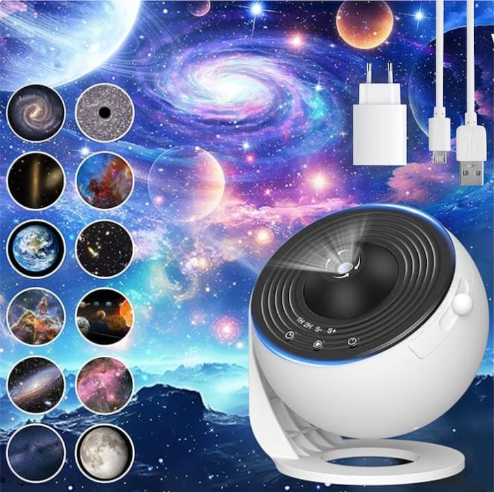 Lampa proiector Cosmic HD, lampa de veghe pentru copii rotativa 360°, focus reglabil, temporizator, proiector stele 12 discuri de proiectie: sistemul solar, luna, multiple galaxii, Pamant, alimentare USB, lampa de veghe ambtientala Ideas4Comfort, alb