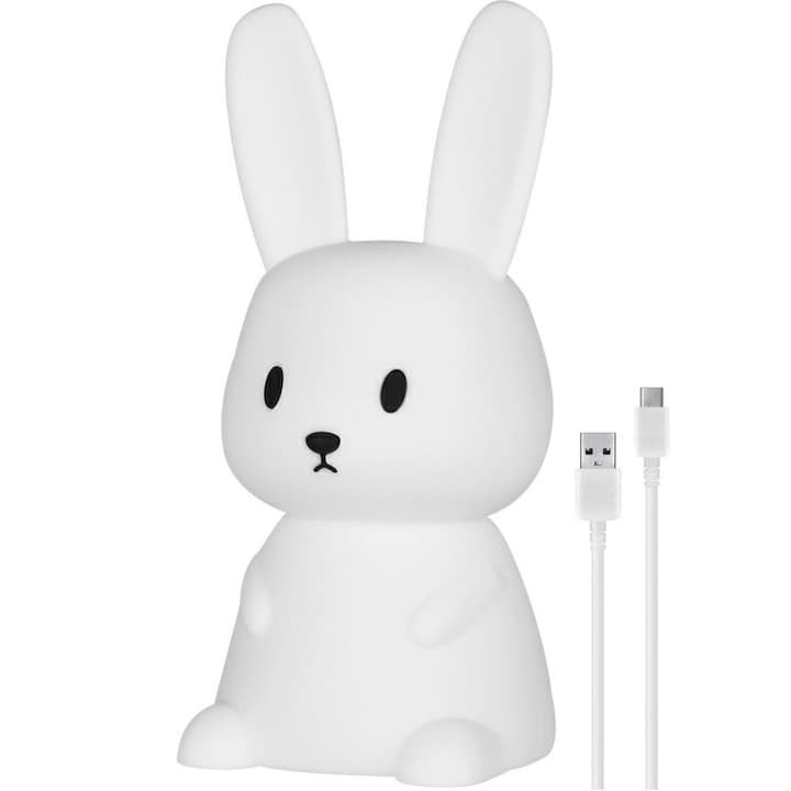 Lampa de veghe portabila cu 7 culori LED, temporizator 3 ore, Ideas4Comfort, silicon BPA-free, lavabila, reincarcabila USB, touch-control, Iepuras