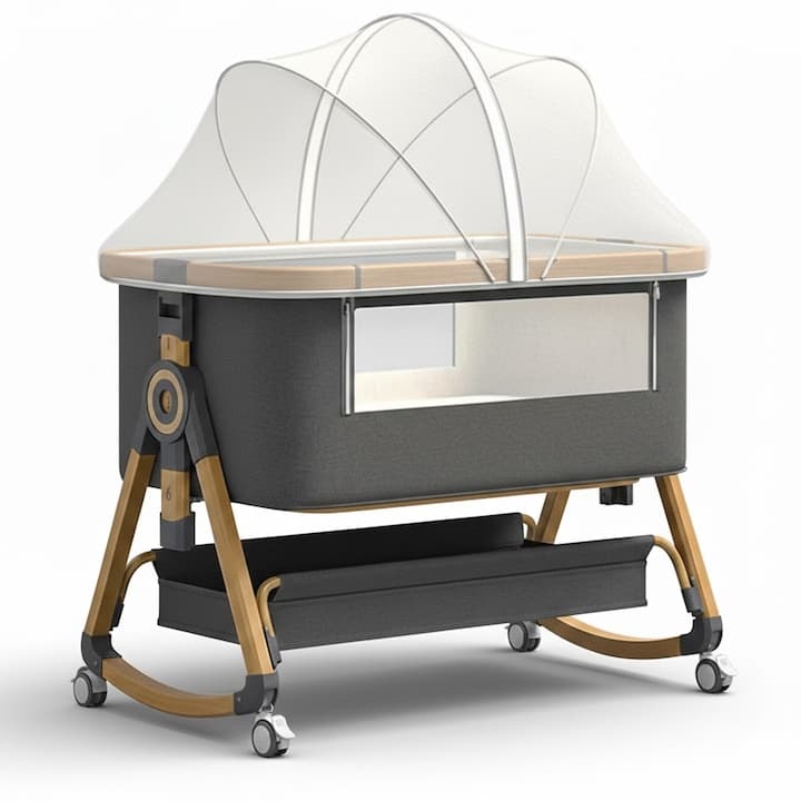 Patut Pliabil Bebelusi Elindo® 3 in 1, pentru Copii 0-36 luni, Leagan Bebe pe 2 Etaje, 6 Trepte de Inaltime Reglabila, Portabil, Plasa Laterala, Roti cu Sistem Blocare, Saltea Integrata, Greutate Maxima 15 kg, Gri