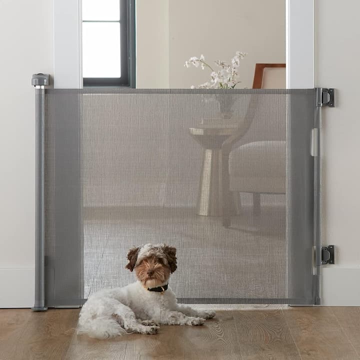 Poarta de Siguranta Retractabila si Extensibila 140 Cm FlexiBlock® Design RANFORSAT, Mecanism Dublu Blocare, Material Plasa Anti-Shock, Protectie Copii/Animale de Companie, Universal, Usi/Scari/Holuri, Interior/Exterior, Instalare Usoara, Grey