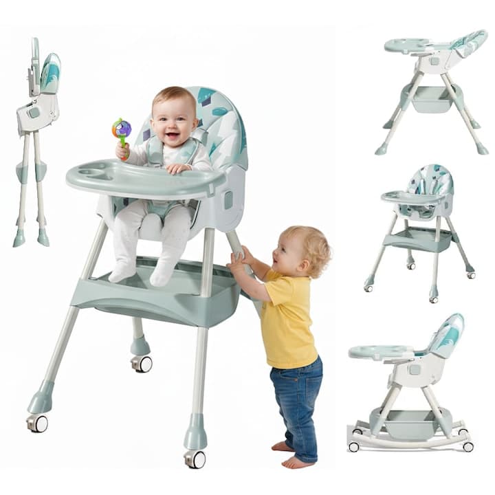 Scaun de Masa Pliabil cu Spatar reglabil KinderVIBE®, 6 Luni +, Multifunctional si Stabil, Tavita si Husa Detasabile si Lavabile, Roti, Centura de Siguranta 5 Puncte, Ajustabil pe Inaltime, Balansoar, Cos de Depozitare, Verde Mandala