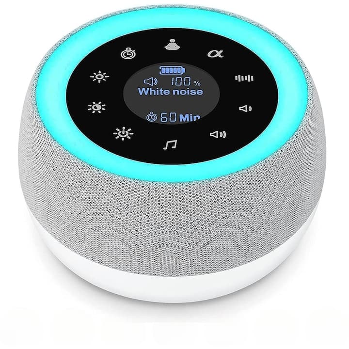 Dispozitiv Sunete Albe Elindor® Aparat de Sunete White Noise pentru Bebelusi, Portabil, Reincarcabil, Acumulator 1800mAh, 32 Sunete HD, Potrivit si pentru Copii si Adulti, Timer, Boxa cu Lampa de Veghe cu Lumina 7 Culori, 3x Intensitate, Alb